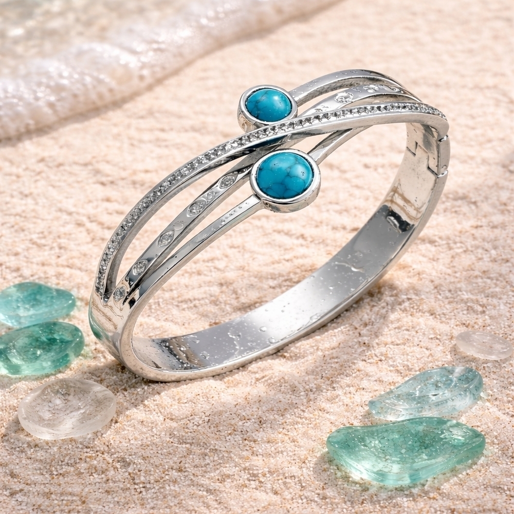 18K White Gold Plated Turquoise CZ Pave Coastal Cowgirl Bangle Bracelet Silver